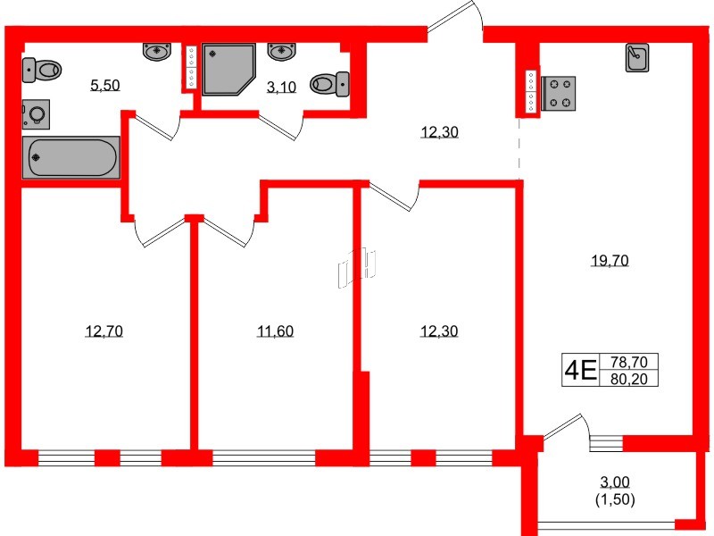 Квартира в ЖК Гагарина 30, 3 комнатная, 78.7 м², 4 этаж