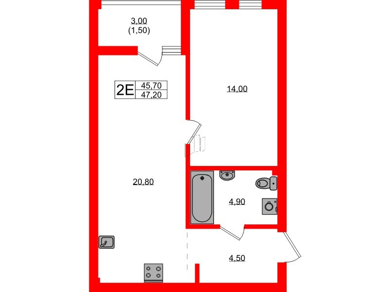 Квартира в ЖК Гагарина 30, 1 комнатная, 45.7 м², 2 этаж