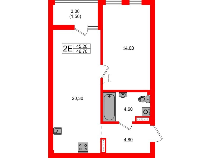 Квартира в ЖК Гагарина 30, 1 комнатная, 45.2 м², 8 этаж