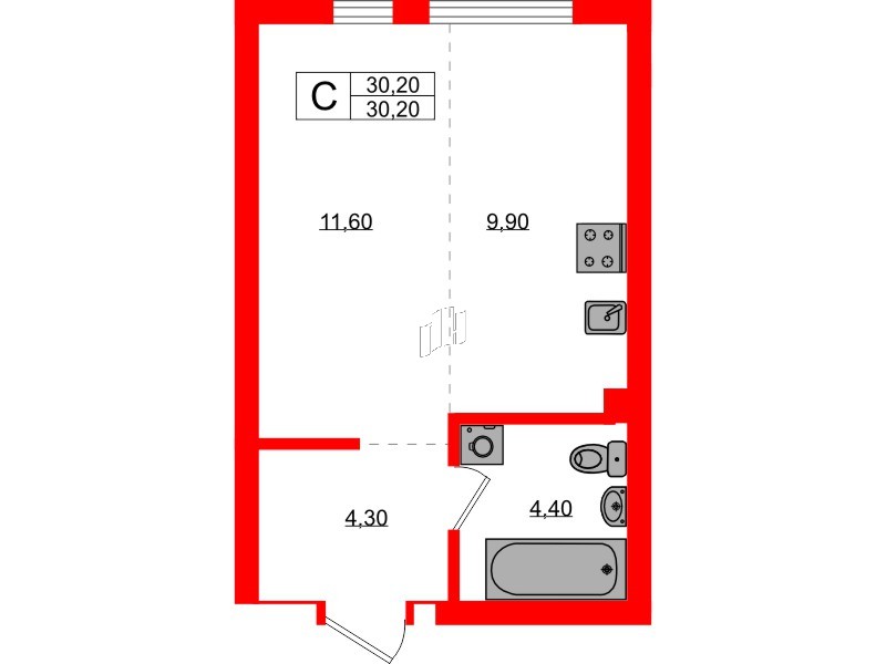 Квартира в ЖК Гагарина 30, студия, 30.2 м², 1 этаж