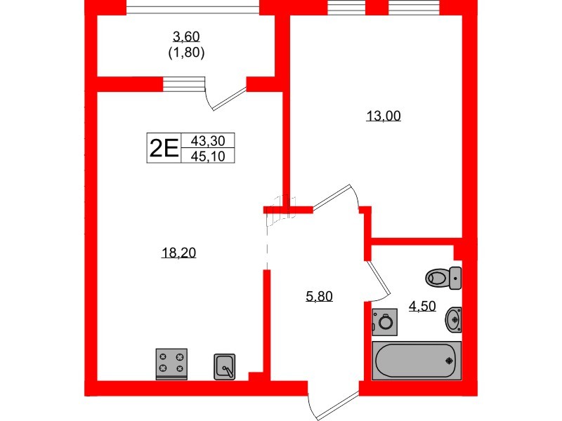 Квартира в ЖК Гагарина 30, 1 комнатная, 43.3 м², 1 этаж
