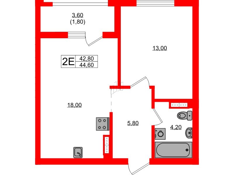 Квартира в ЖК Гагарина 30, 1 комнатная, 42.8 м², 6 этаж