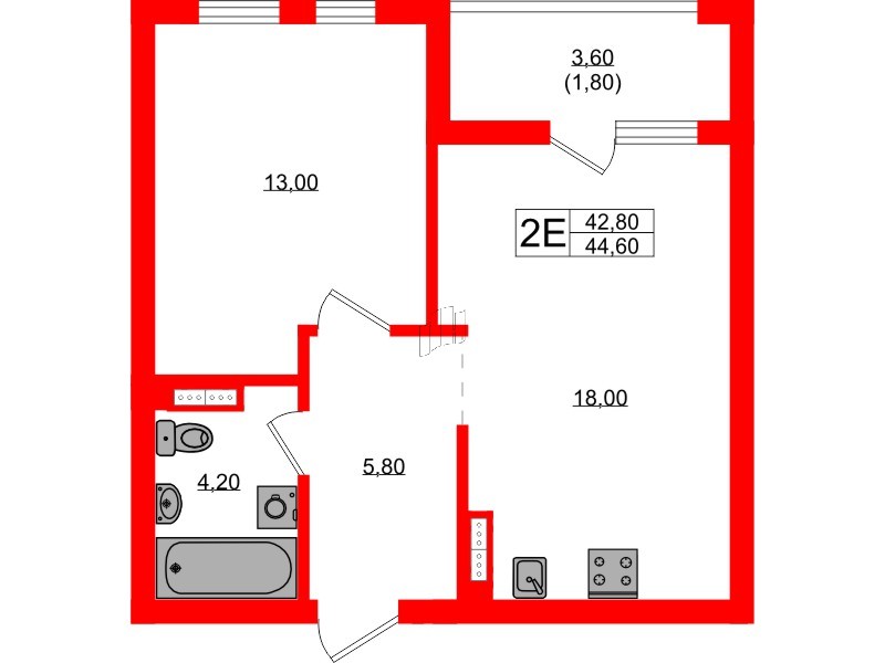 Квартира в ЖК Гагарина 30, 1 комнатная, 42.8 м², 2 этаж