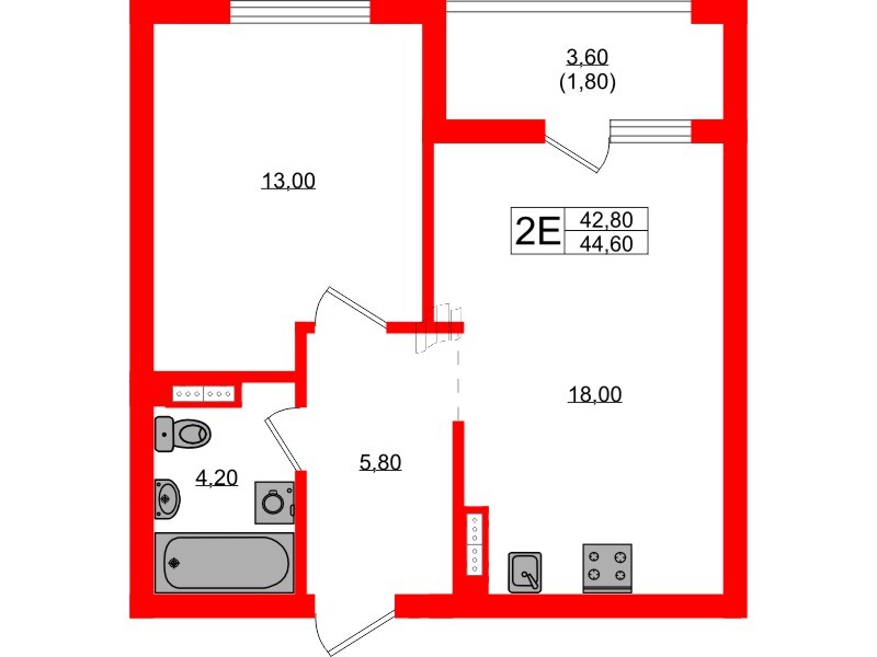 Квартира в ЖК Гагарина 30, 1 комнатная, 42.8 м², 6 этаж