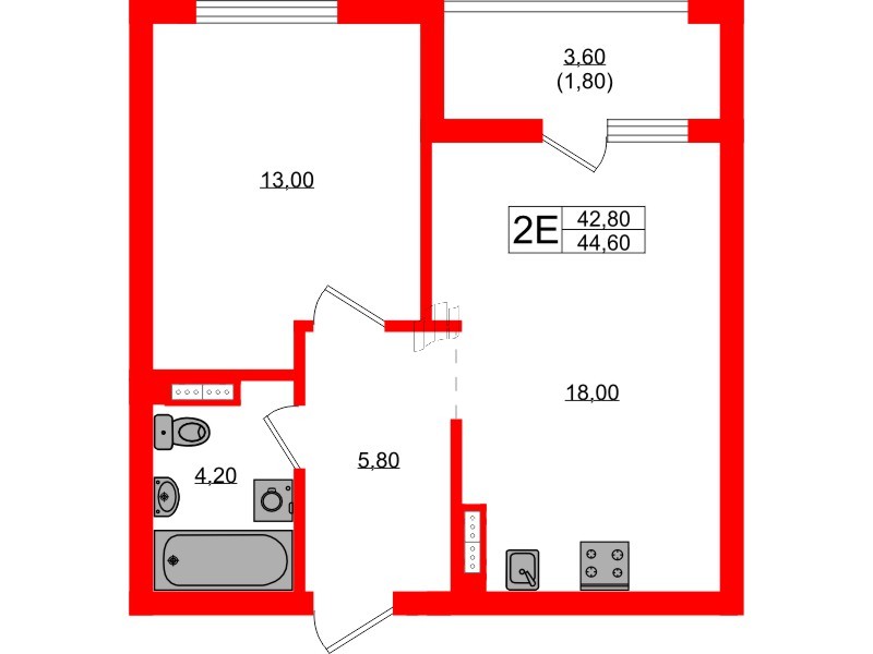 Квартира в ЖК Гагарина 30, 1 комнатная, 42.8 м², 8 этаж