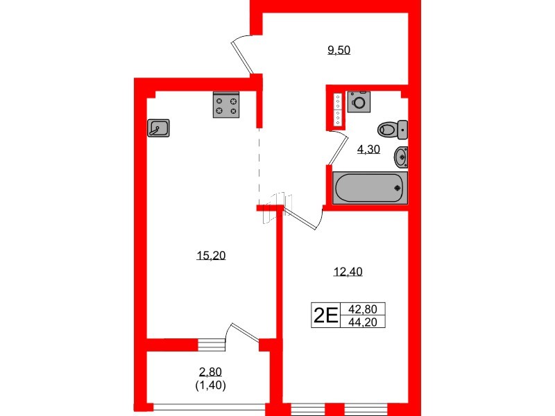 Квартира в ЖК Гагарина 30, 1 комнатная, 42.8 м², 2 этаж