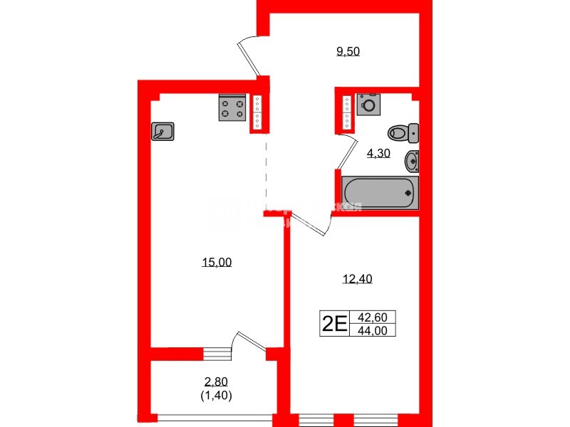 Квартира в ЖК «Гагарина 30», 1 комнатная, 42.6 м², 4 этаж