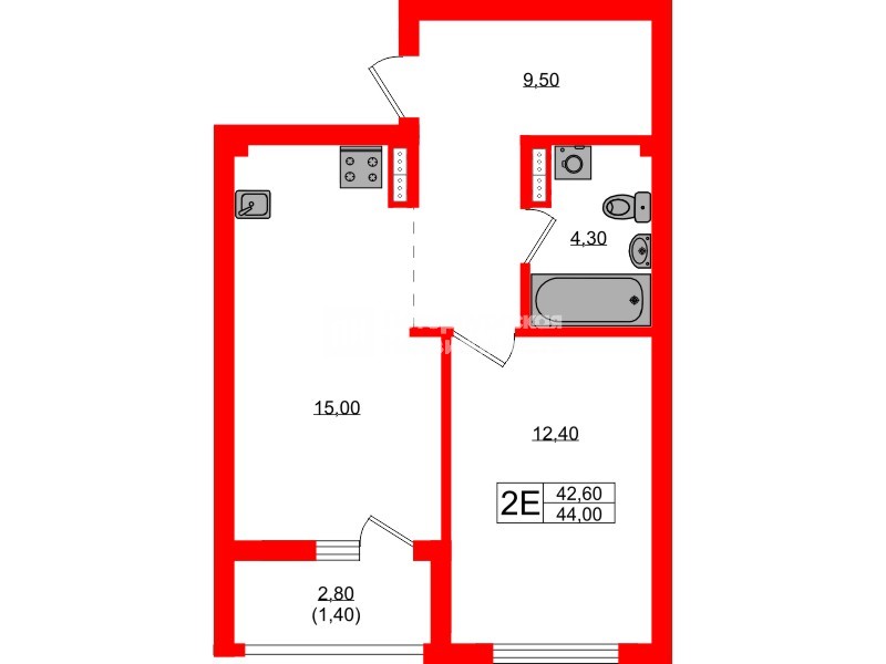 Квартира в ЖК «Гагарина 30», 1 комнатная, 42.6 м², 8 этаж