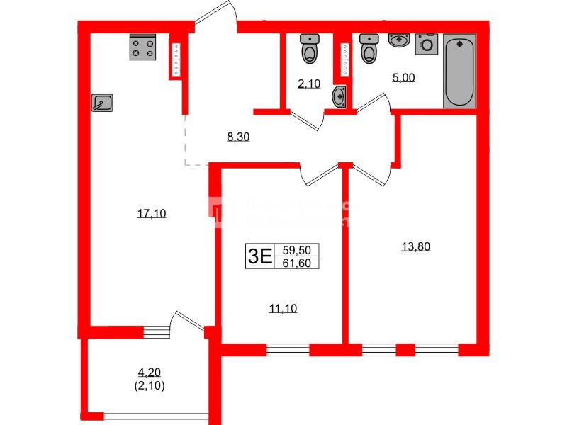 Квартира в ЖК Гагарина 30, 2 комнатная, 59.5 м², 8 этаж