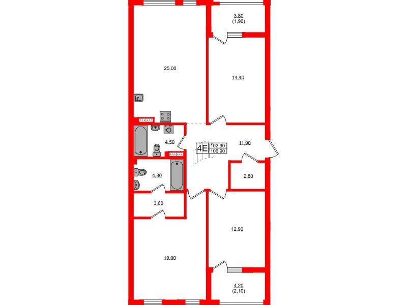 Квартира в ЖК Гагарина 30, 3 комнатная, 102.9 м², 4 этаж
