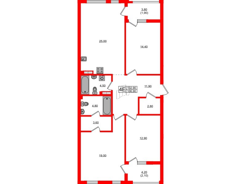 Квартира в ЖК Гагарина 30, 3 комнатная, 102.9 м², 6 этаж