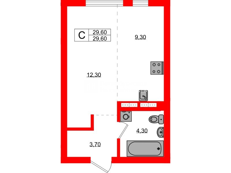 Квартира в ЖК Гагарина 30, студия, 29.6 м², 2 этаж