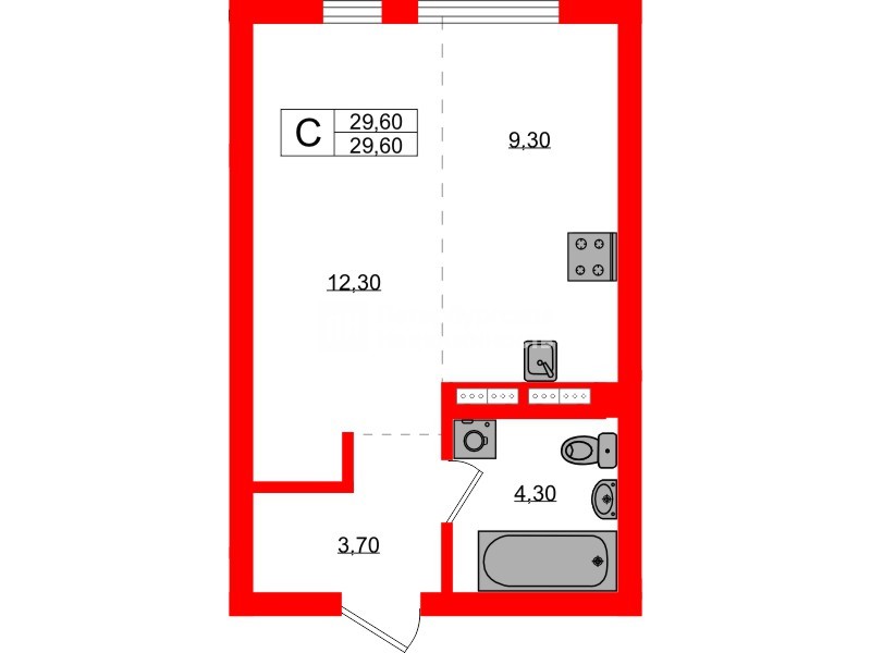 Квартира в ЖК Гагарина 30, студия, 29.6 м², 3 этаж