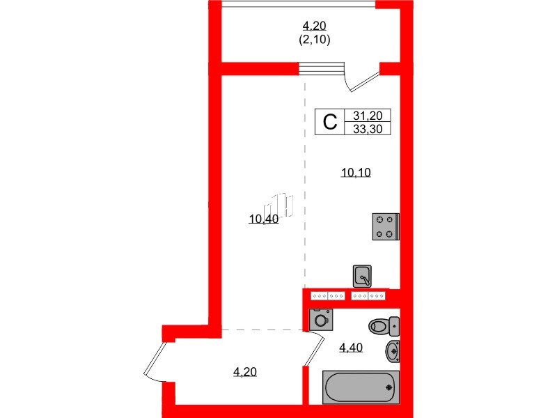 Квартира в ЖК Гагарина 30, студия, 31.2 м², 7 этаж
