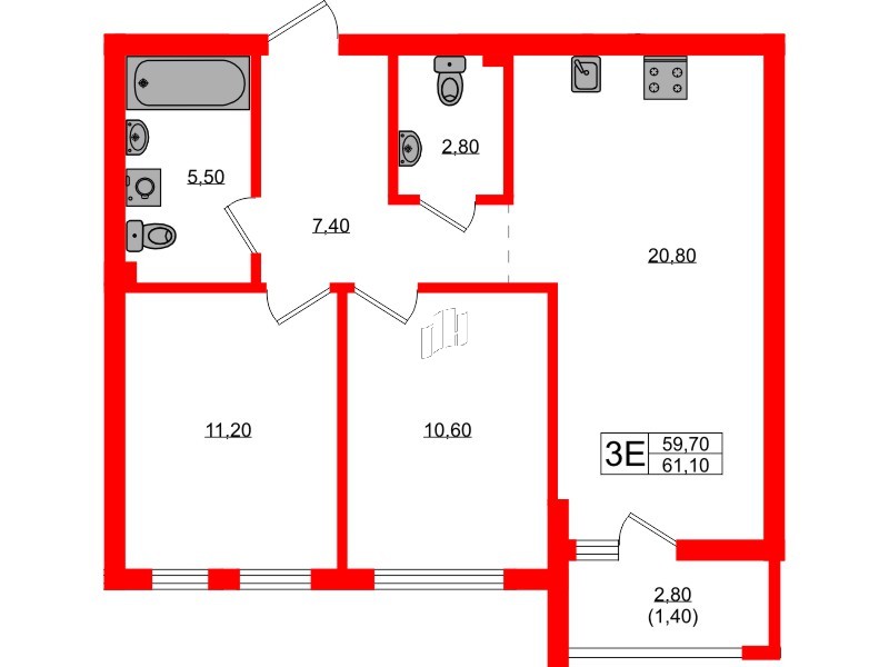Квартира в ЖК Гагарина 30, 2 комнатная, 59.7 м², 2 этаж