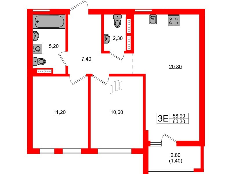 Квартира в ЖК Гагарина 30, 2 комнатная, 58.9 м², 4 этаж