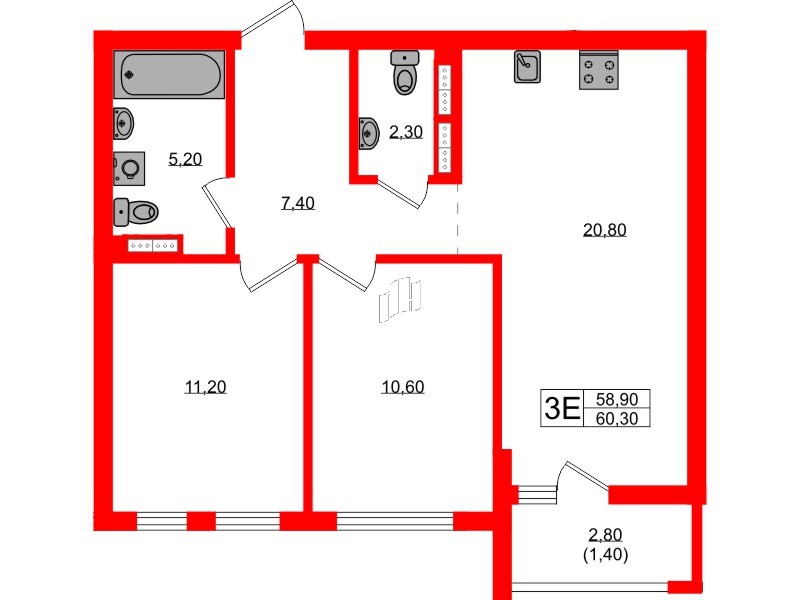 Квартира в ЖК Гагарина 30, 2 комнатная, 58.9 м², 6 этаж