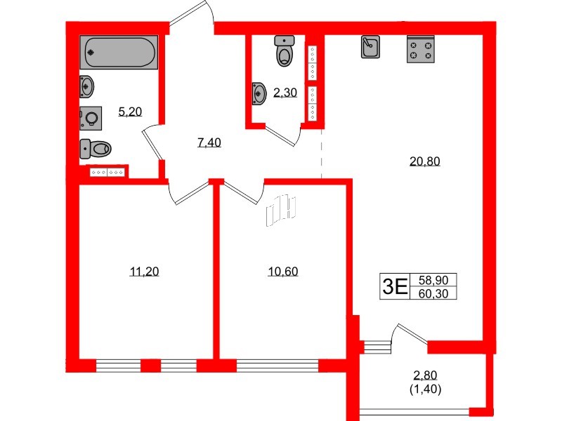 Квартира в ЖК Гагарина 30, 2 комнатная, 58.9 м², 7 этаж