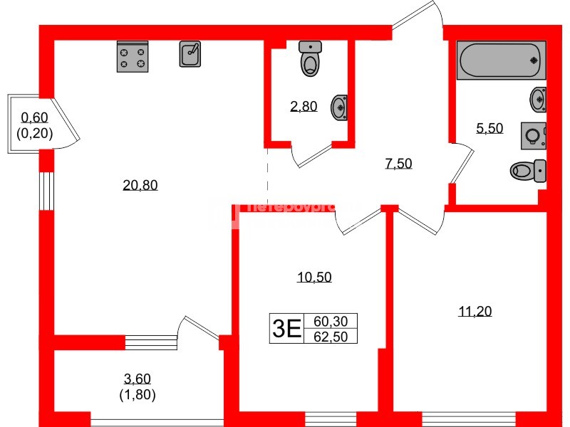 Квартира в ЖК Гагарина 30, 2 комнатная, 60.3 м², 2 этаж