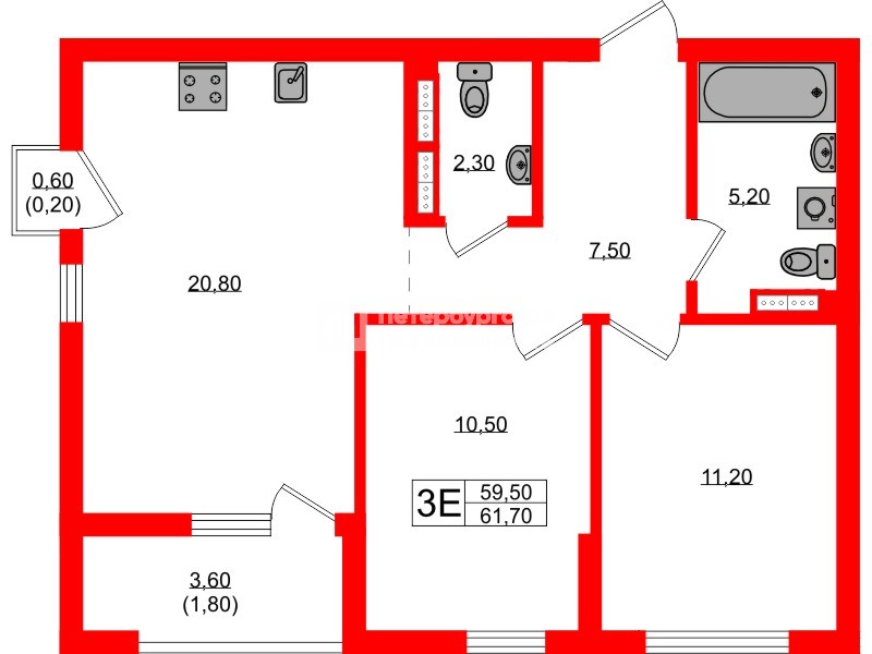Квартира в ЖК Гагарина 30, 2 комнатная, 59.5 м², 4 этаж