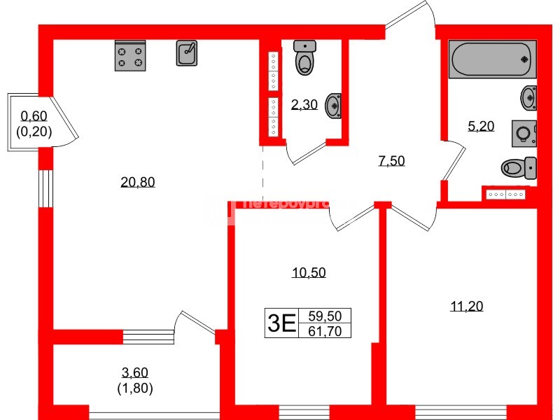Квартира в ЖК Гагарина 30, 2 комнатная, 59.5 м², 6 этаж