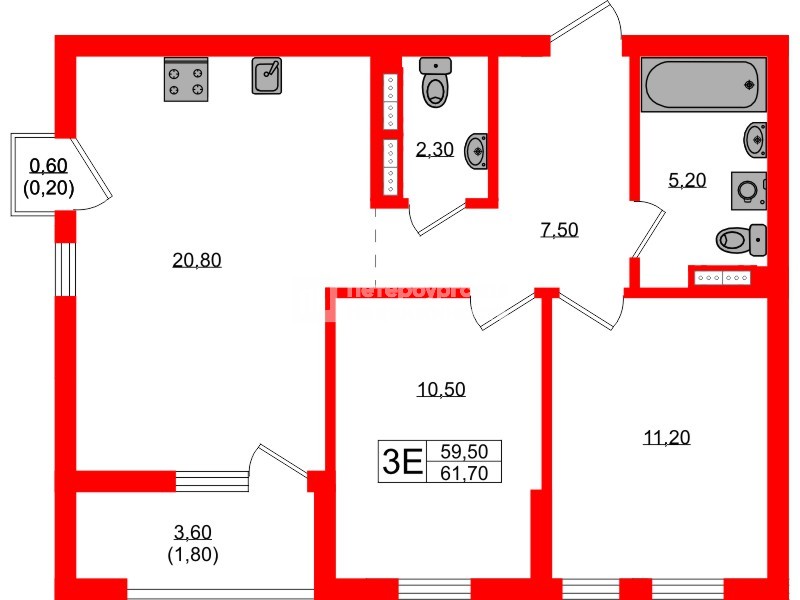 Квартира в ЖК Гагарина 30, 2 комнатная, 59.5 м², 8 этаж