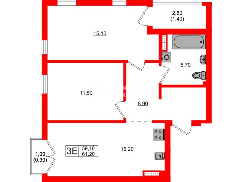 Квартира в ЖК Гагарина 30, 2 комнатная, 59.1 м², 8 этаж