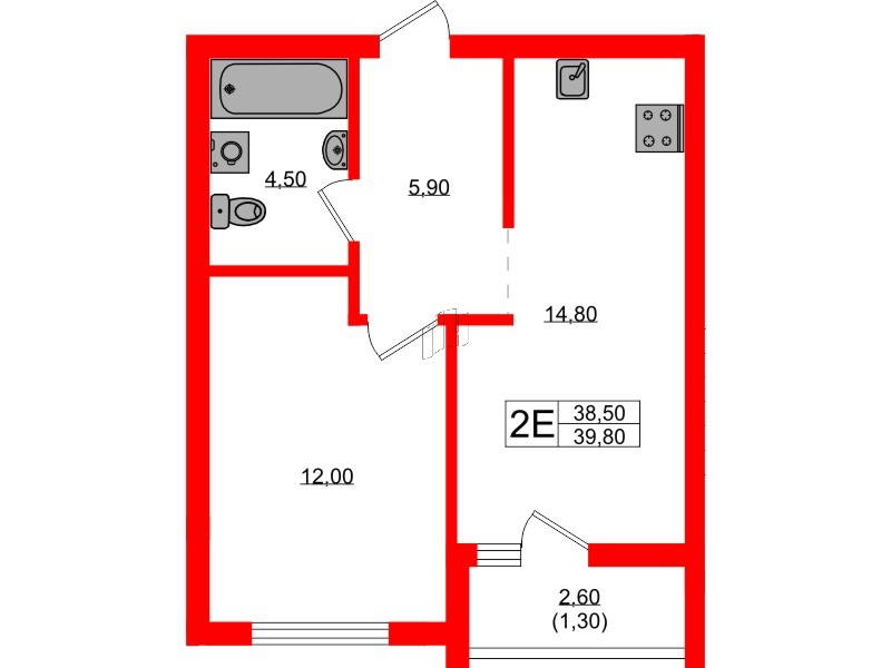 Квартира в ЖК Гагарина 30, 1 комнатная, 38.5 м², 1 этаж