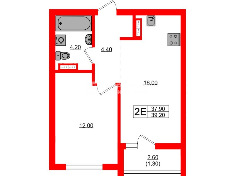 Квартира в ЖК Гагарина 30, 1 комнатная, 37.9 м², 3 этаж