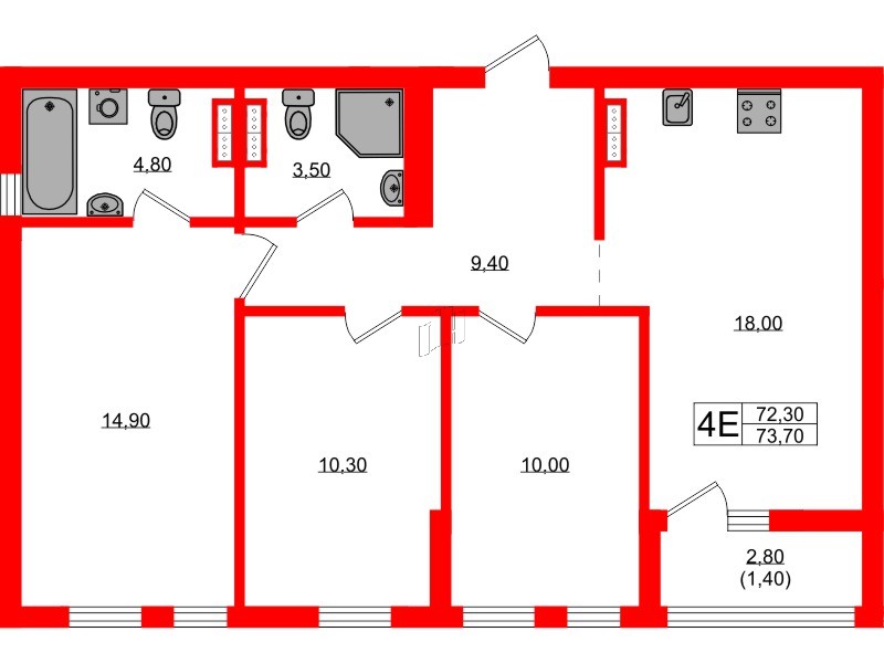 Квартира в ЖК Гагарина 30, 3 комнатная, 72.3 м², 2 этаж