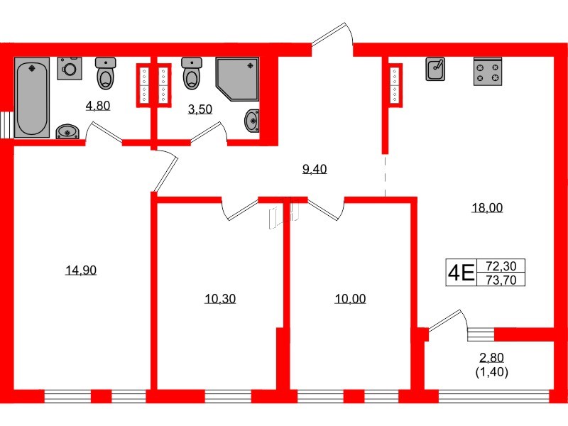 Квартира в ЖК Гагарина 30, 3 комнатная, 72.3 м², 4 этаж