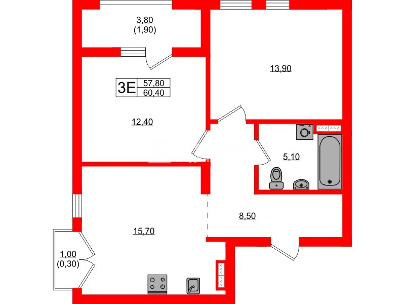 Квартира в ЖК Гагарина 30, 2 комнатная, 57.8 м², 2 этаж