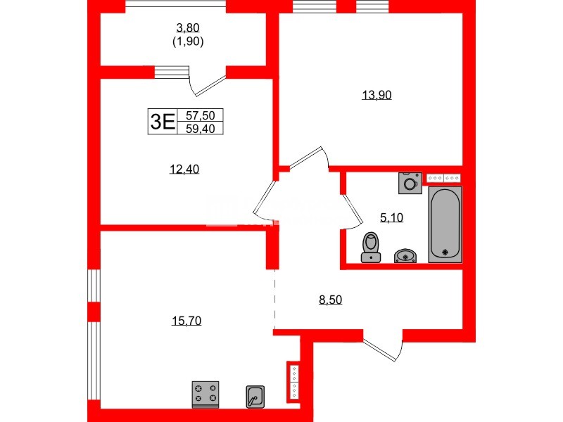 Квартира в ЖК Гагарина 30, 2 комнатная, 57.5 м², 4 этаж