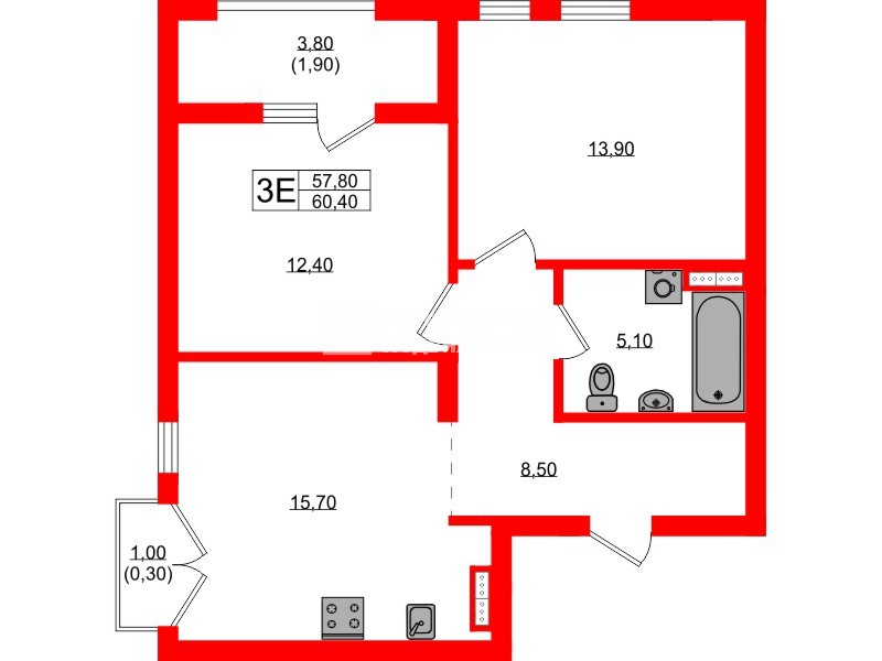 Квартира в ЖК Гагарина 30, 2 комнатная, 57.8 м², 6 этаж