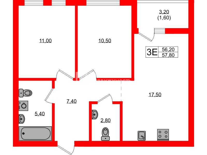 Квартира в ЖК Гагарина 30, 2 комнатная, 56.2 м², 1 этаж