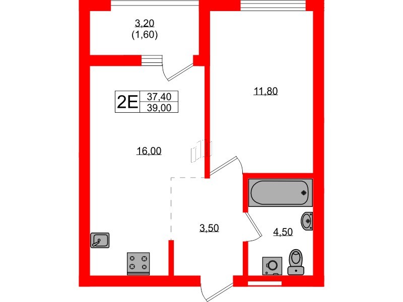 Квартира в ЖК Гагарина 30, 1 комнатная, 37.4 м², 2 этаж