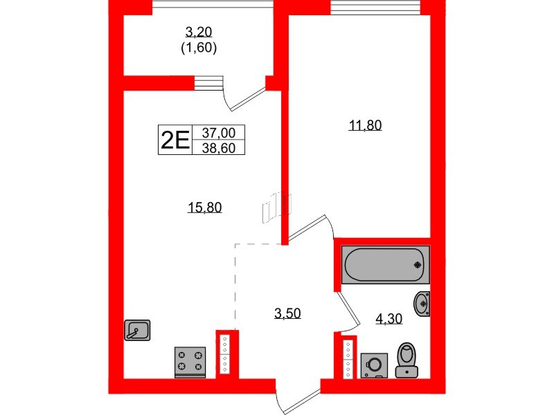 Квартира в ЖК Гагарина 30, 1 комнатная, 37 м², 3 этаж