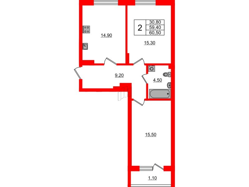 Квартира в ЖК Астория, 2 комнатная, 60.5 м², 1 этаж