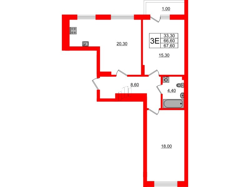 Квартира в ЖК Астория, 2 комнатная, 67.6 м², 7 этаж