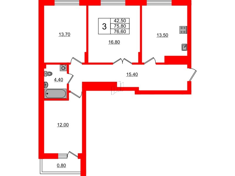 Квартира в ЖК Астория, 3 комнатная, 76.6 м², 8 этаж