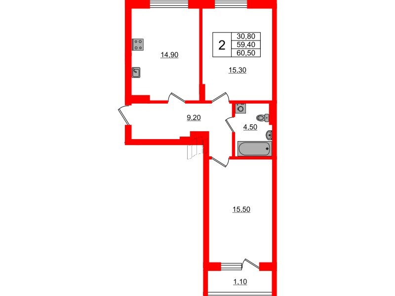 Квартира в ЖК Астория, 2 комнатная, 60.5 м², 1 этаж