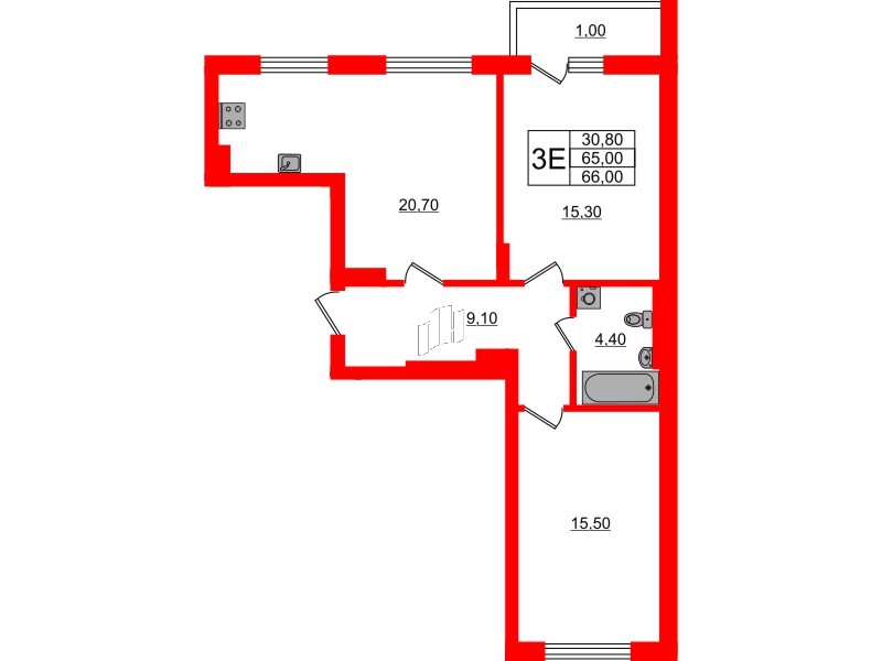 Квартира в ЖК Астория, 2 комнатная, 66 м², 3 этаж