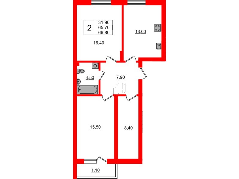 Квартира в ЖК Астория, 2 комнатная, 66.8 м², 1 этаж