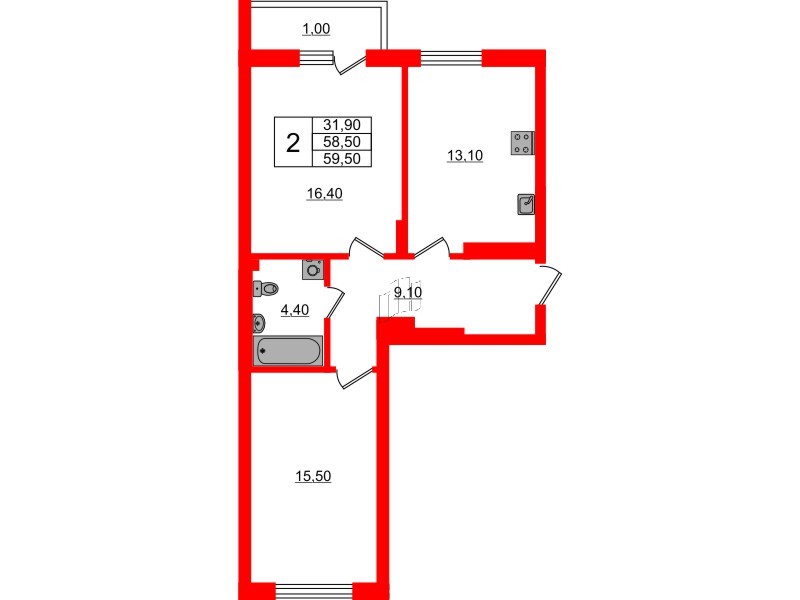 Квартира в ЖК Астория, 2 комнатная, 59.5 м², 3 этаж