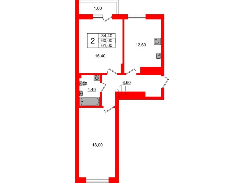 Квартира в ЖК Астория, 2 комнатная, 61 м², 7 этаж