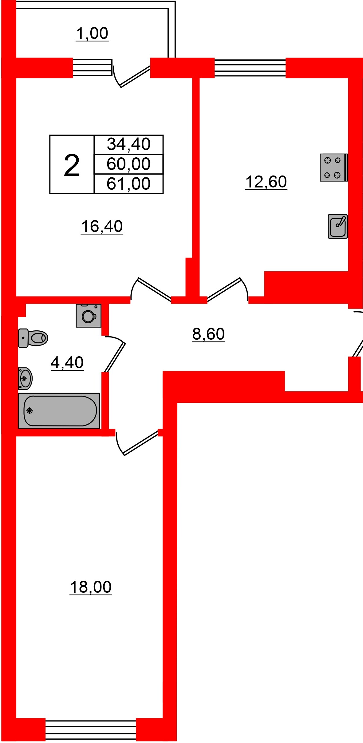Квартира в ЖК Астория, 2 комнатная, 61 м², 8 этаж