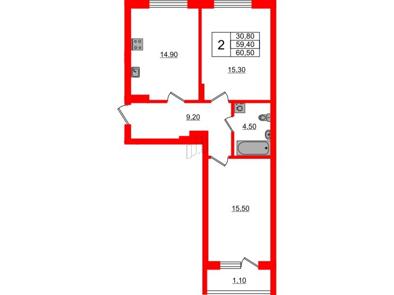 Квартира в ЖК Астория, 2 комнатная, 60.5 м², 1 этаж