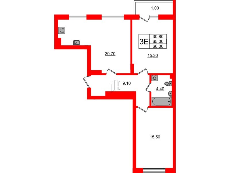 Квартира в ЖК Астория, 2 комнатная, 66 м², 2 этаж