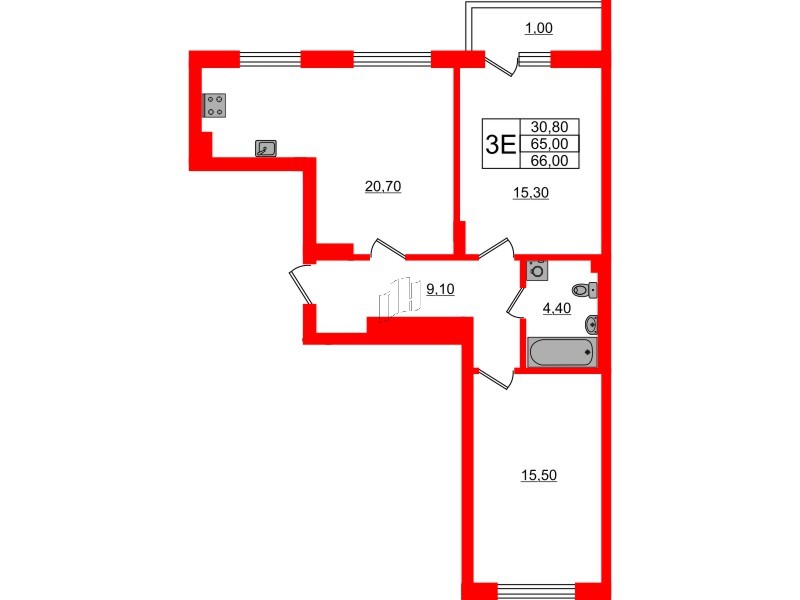 Квартира в ЖК Астория, 2 комнатная, 66 м², 3 этаж