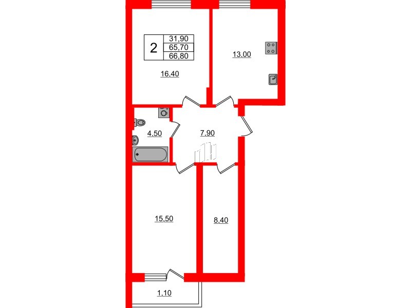Квартира в ЖК Астория, 2 комнатная, 66.8 м², 1 этаж